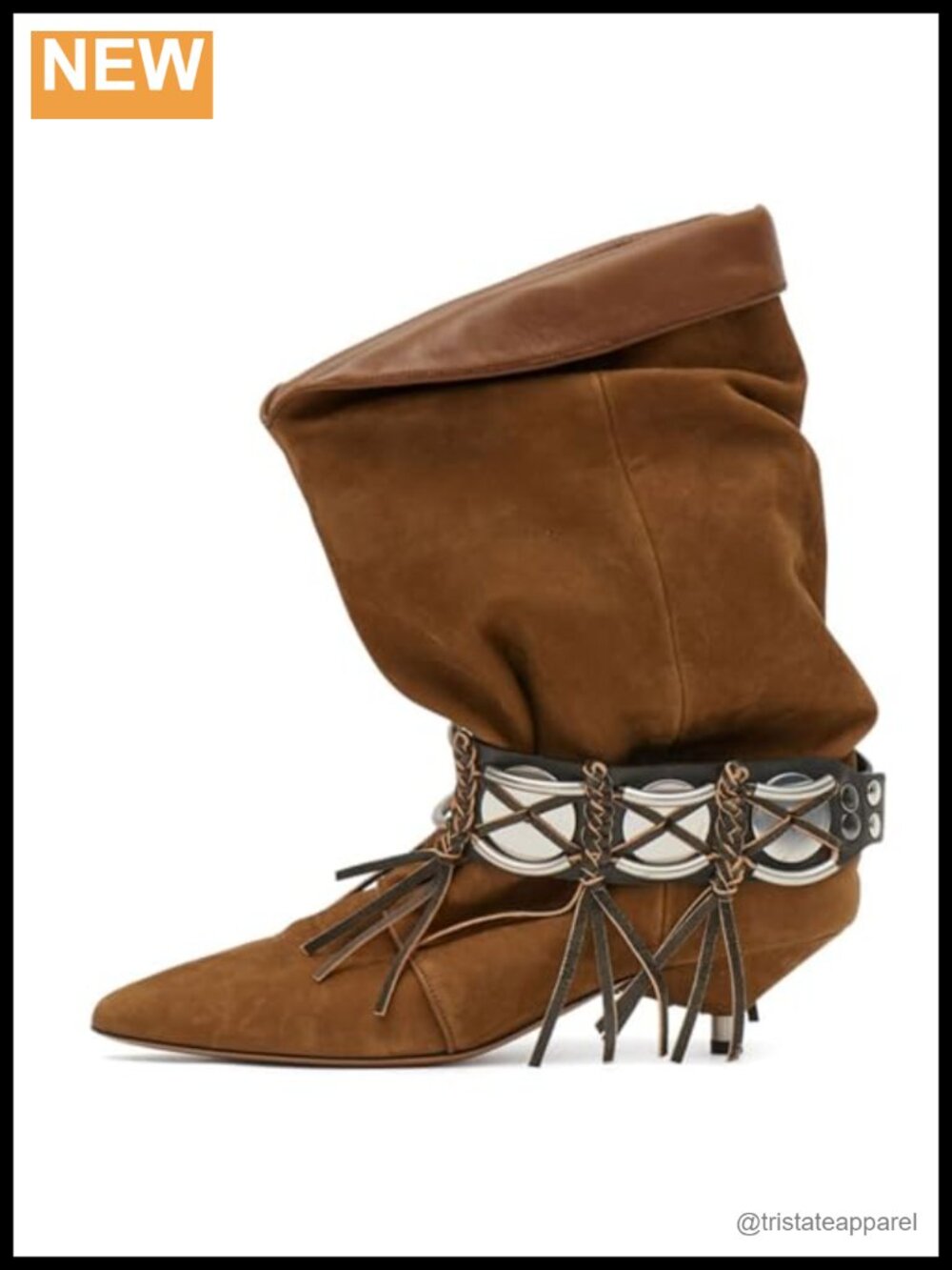 Slouchy Cowgirl Boots with Fringe Ruched Slip-On Mid Calf Kitten Low Heels